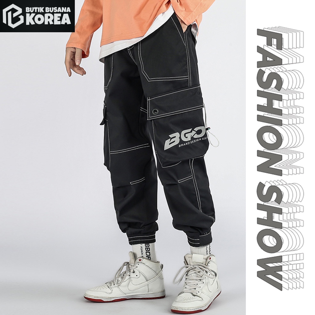 Fashion korea celana cargo pinggang karet celana joger kargo pria celana cargo hitam celana cargo jumbo pria celan hip hop celana cargo panjang tebal