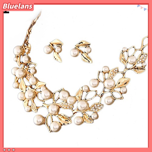 Bluelans Set Anting Tusuk + Kalung Choker Wanita Desain Daun Hias Mutiara Imitasi Untuk Pengantin