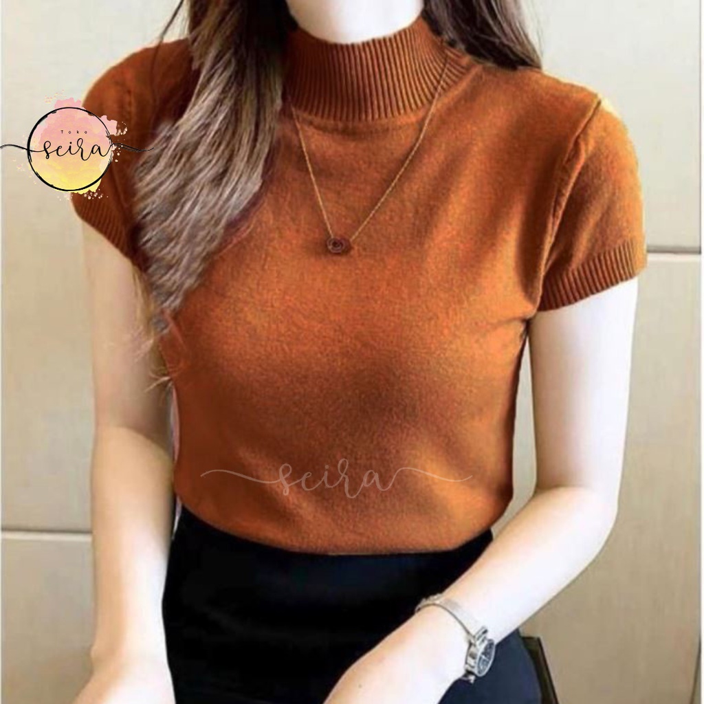 [BISA COD] Atasan Rajut Wanita Turtleneck / Kerah Tinggi Lengan Pendek Nadira