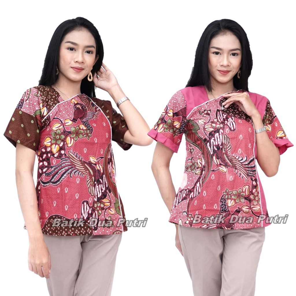 Batik Wanita Lengan Pendek Blouse Atasan Warna Pink Model Modern Trendy 2021- Motif kombinasi