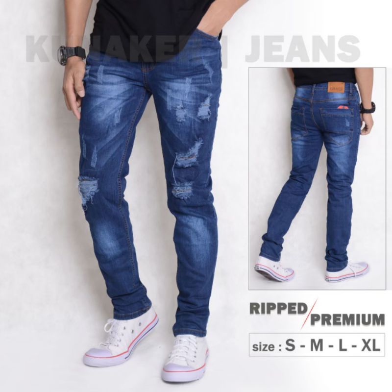 Celana jeans pria sobek lutut robek ripped destroy premium bioblitz bio blitz size 27-34 cut knee