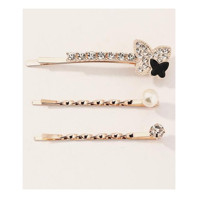 LRC Jepit Rambut Fashion Golden Butterfly Inlay Zircon Pearl Alloy Clip Set K25099