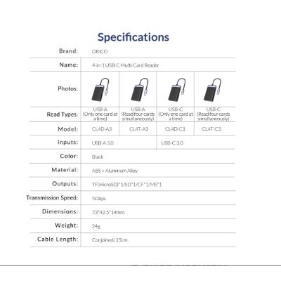 Card reader usb 3.0 orico Cf ms sd micro sd tf memory card 4in1 5Gbps read simultaneosly CL4T-A3 - Pembaca kartu memori