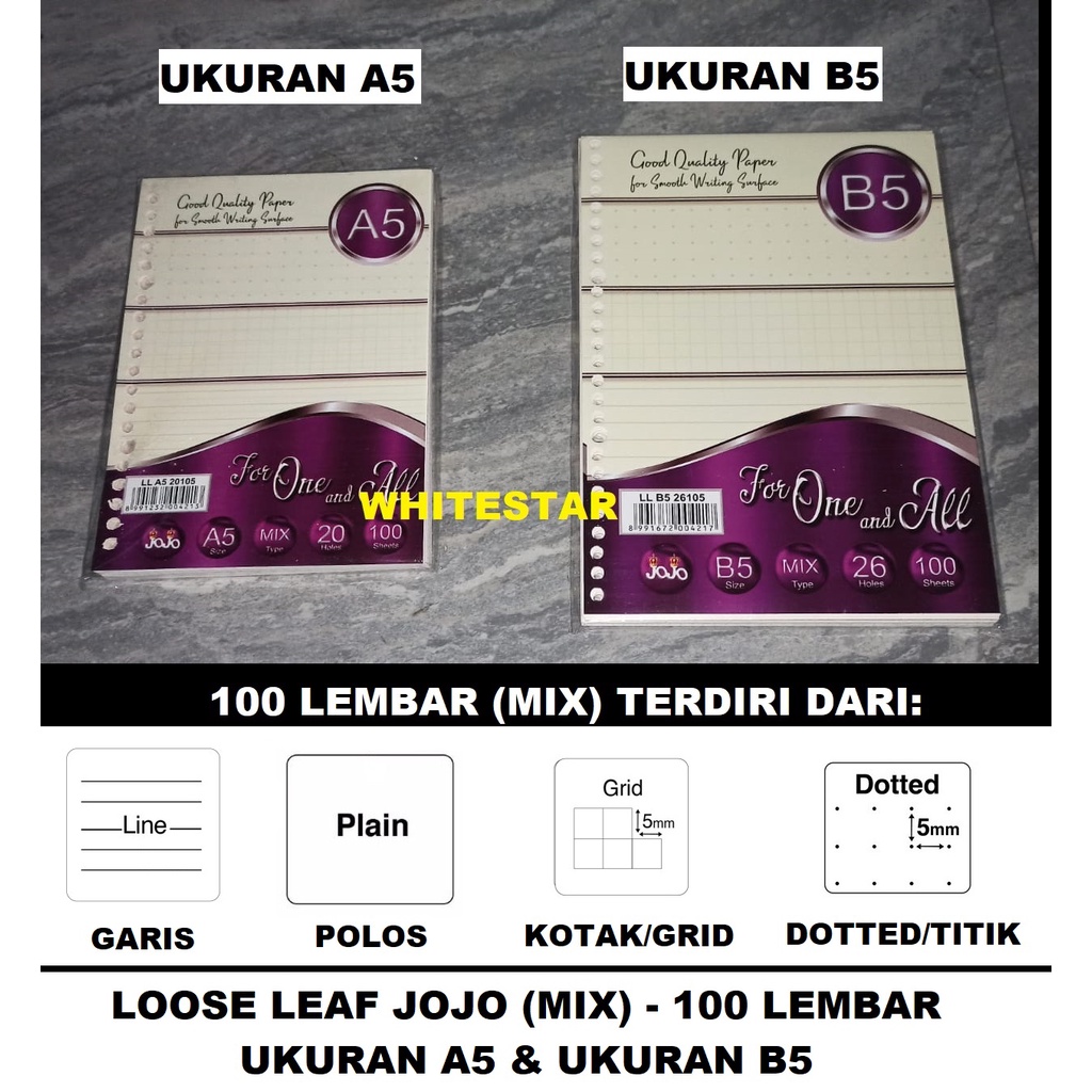 

loose leaf jojo mix ( garis , polos , dotted titik , grib kotak ) uk. A5 / B5 -100 lembar