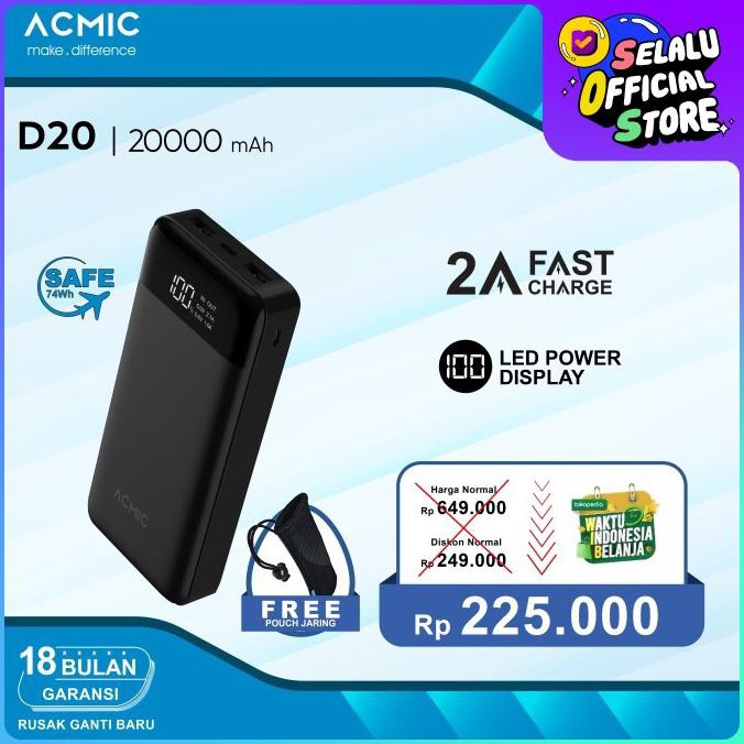 ACMIC D20 20000mAh Digital Display + 2A Fast Charge PowerBank - Hitam