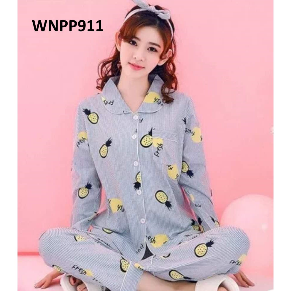 STLN911 - Piyama Wanita Baju Tidur Wanita Kancing Depan Blue Nanas