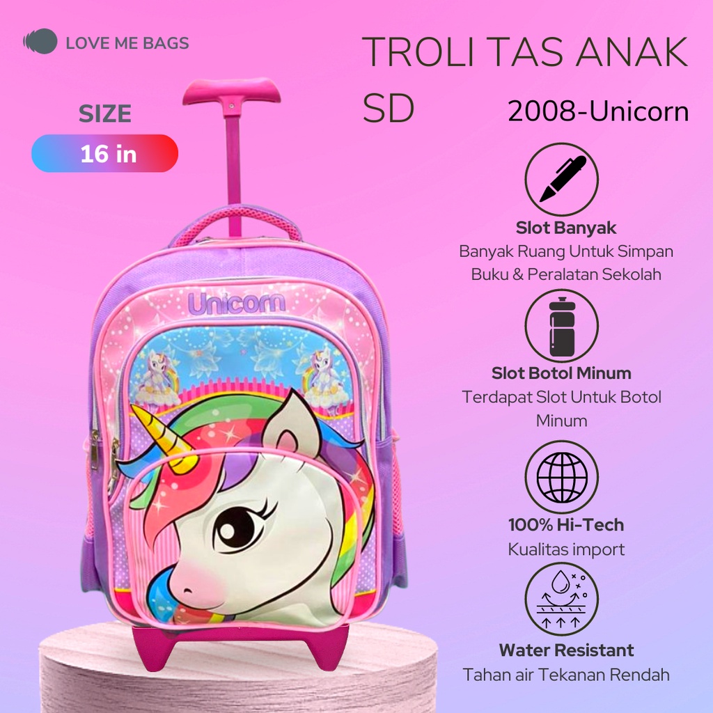 LMB Tas Troli Anak Perempuan Sekolah SD Motif Kuda Pony Unicorn Rainbow Gambar Timbul 6D Import