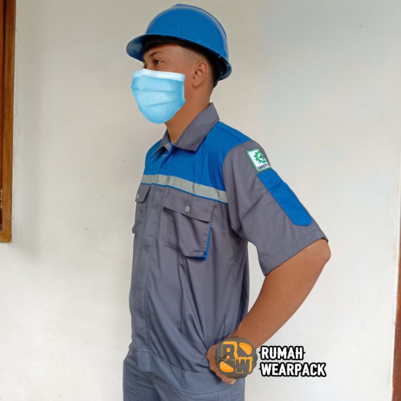 Baju Kerja/ Wearpack Proyek Lengan Pendek Warna Abu Tua Kombinasi Biru BCA