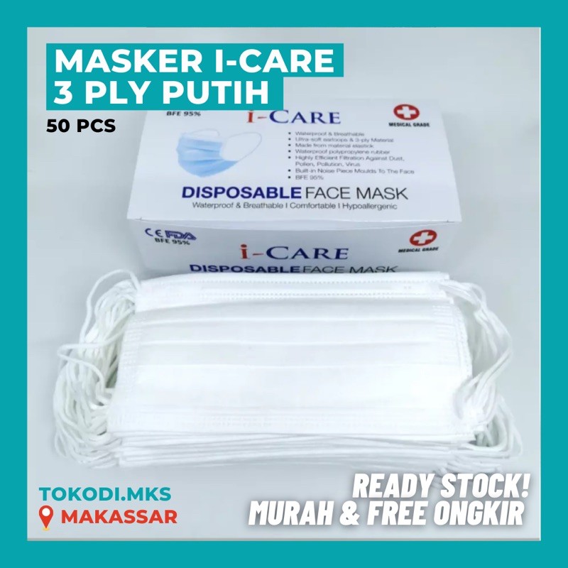 Masker i-CARE 3ply Putih isi 50 pcs Earloop Murah [READY MAKASSAR]