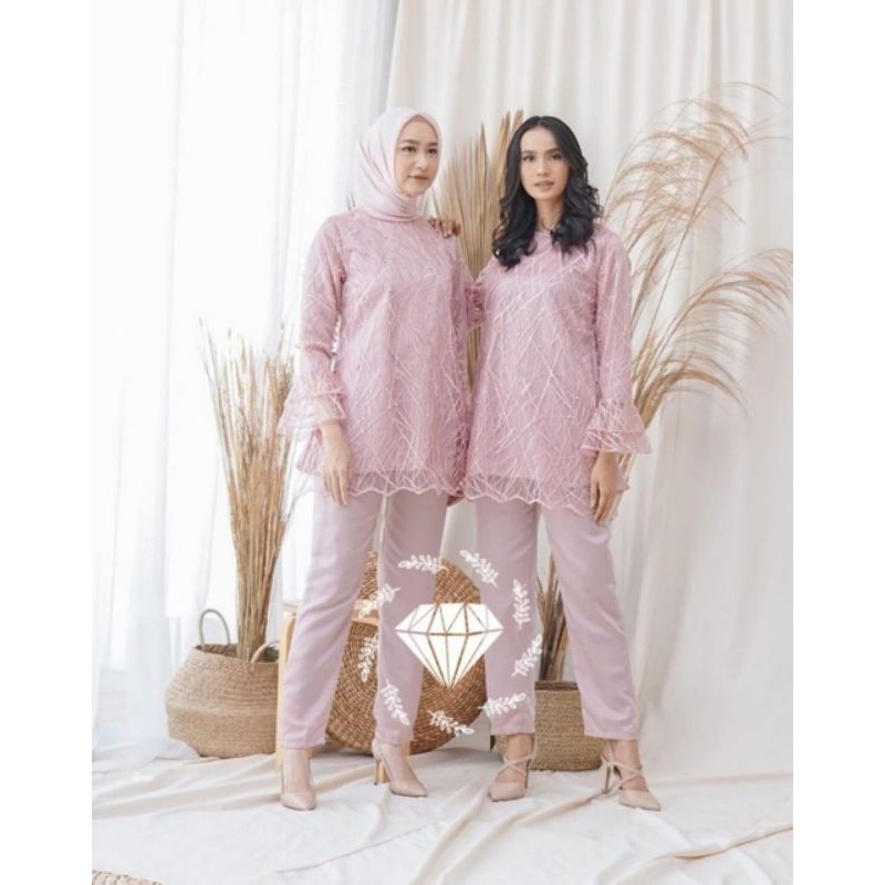 setelan Celana tunik brukat tile set baju pesta brokat tule set celana wisuda nikah tunangan serena