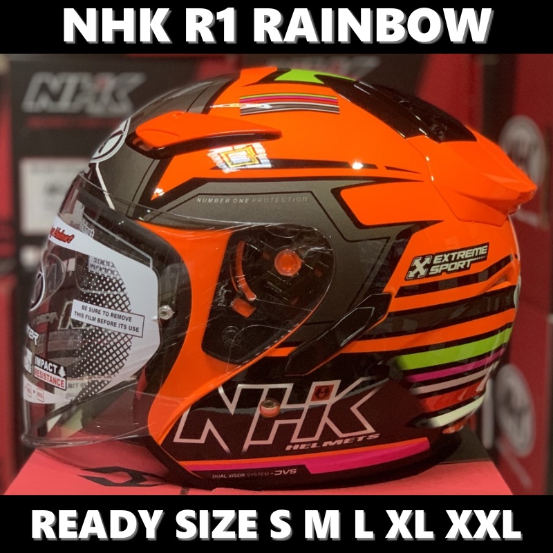 Helm NHK R1 Rainbow Orange Fluo Double Visor Half Face - Helem Motor SNI DOT Touring Dewasa Pria Wan