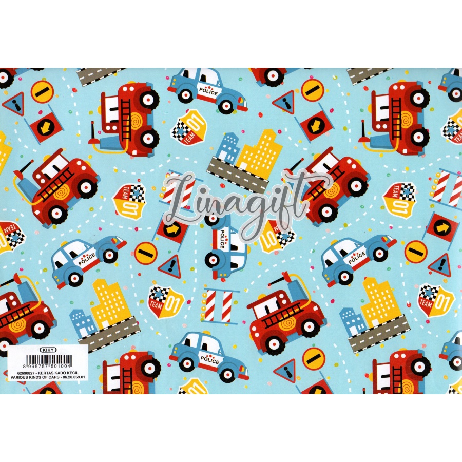 ( 5 Lembar ) CARS KIKY - KERTAS KADO - GIFT WRAPPING PAPER CONSTRUCTION CAR / MOBIL KONSTRUKSI / KIDS / BOY / MOBIL / RACING