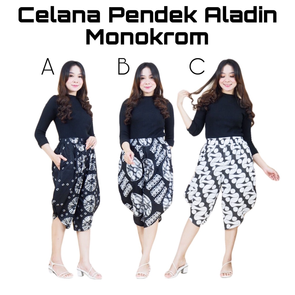 Celana Pendek Aladin Monokrom Batik Bawahan Casual Joger Black n White Modern
