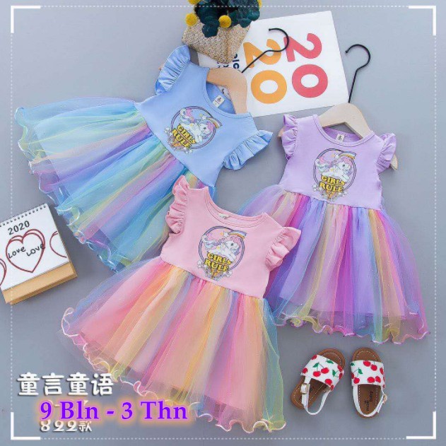 Import Unicorn Dress anak Perempuan Gaun Pesta Dress Tutu Rainbow