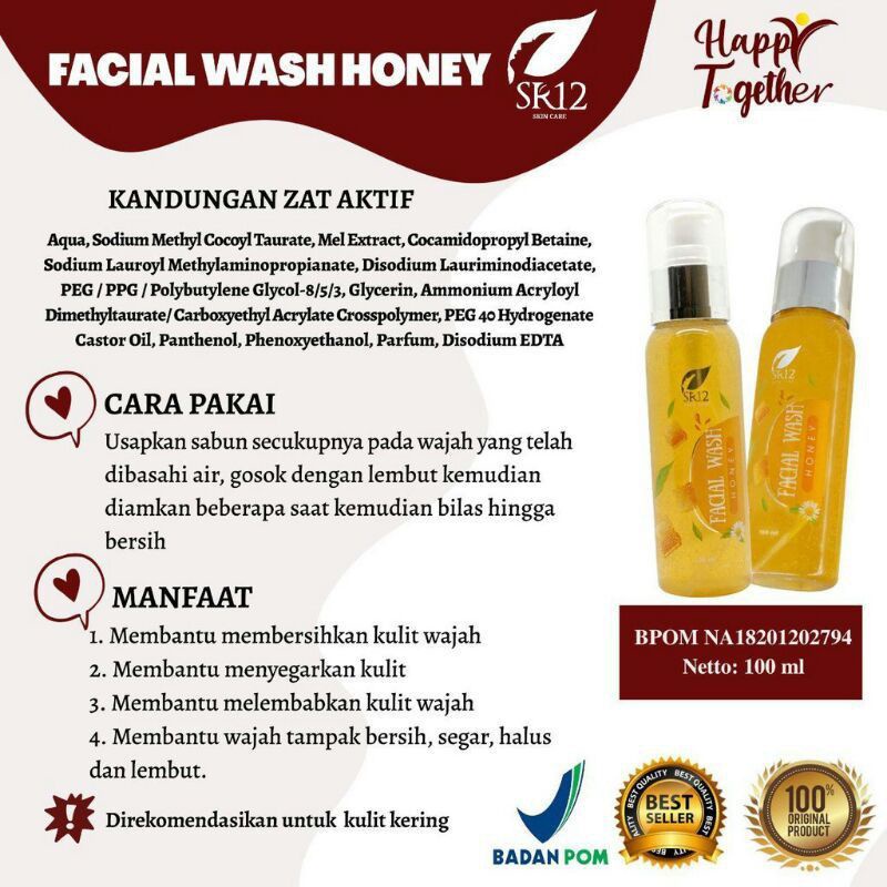 Facial Wash Honey SR12 - Face Wash Madu SR 12 Sabun Muka Pelembab Pencerah Kulit Penghilang Jerawat Komedo Flek Hitam - Original 100%