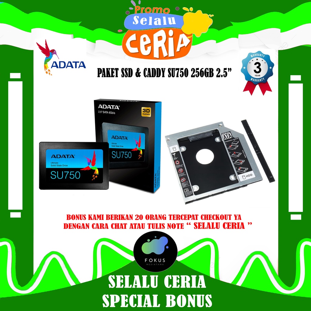 Paket SSD &amp; CADDY ADATA SU750 256GB 2.5&quot; SATA III 3D NAND Flash