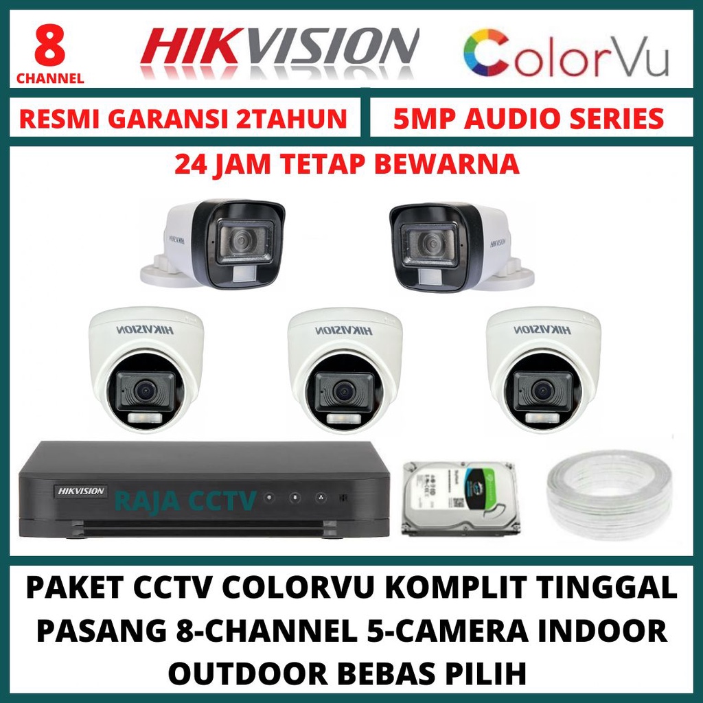 PAKET CCTV HIKVISION 5MP COLORVU 8 CHANNEL 5 CAMERA TURBO HD 3K COLORFUL KAMERA CCTV AUDIO SERIES