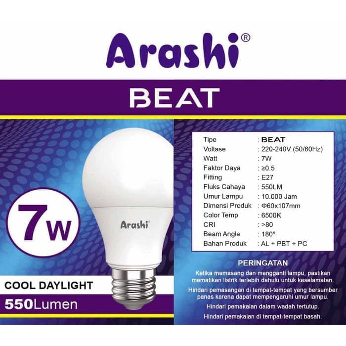 Arashi Lampu Bohlam LED Beat Hemat Energi 7 Watt - Putih - Paket Isi 3pcs