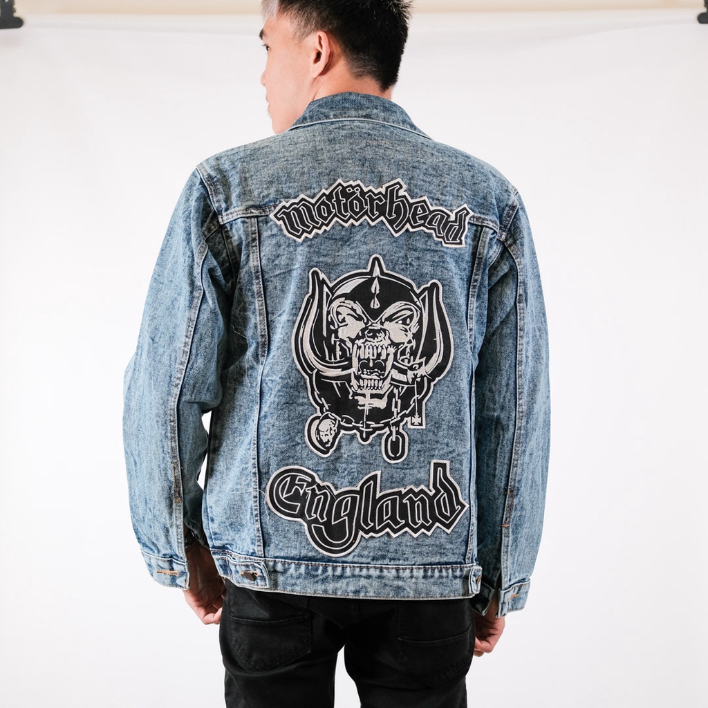 Jaket Jeans Denim Emblem Pria / Jaket Jeans Bordir Emblem Belakang Sandwash Biru