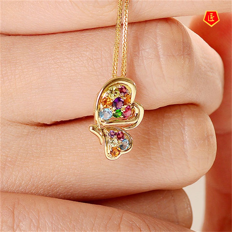 [Ready Stock]Colorful Gem Love Heart Pendant Gold Butterfly Necklace Fashion