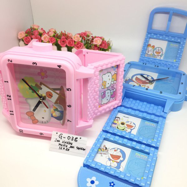 JAM DINDING TEMBOK WALL CLOCK UNIK BENTUK JAM TANGAN FRAME FOTO DORAEMON DAN HELLO KITTY