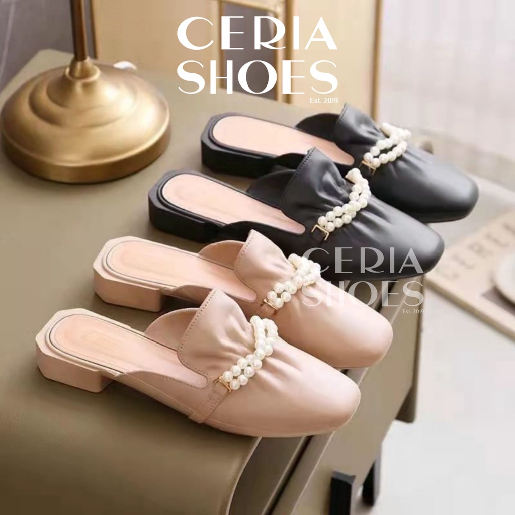 Sandal Slop Hak Pendek Wanita Import Motif Mutiara Sepatu Selop Anti Slip Bahan Jelly Halus Empuk Elastis Fashion Loafer