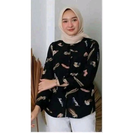 BLOUSE JUMBO KEMEJA WANITA MONALISA MOTIF BULU / ATASAN WANITA KEKINIAN BISA COD BAYAR DITEMPAT / KEMEJA MONALISA JUMBO-Hitam