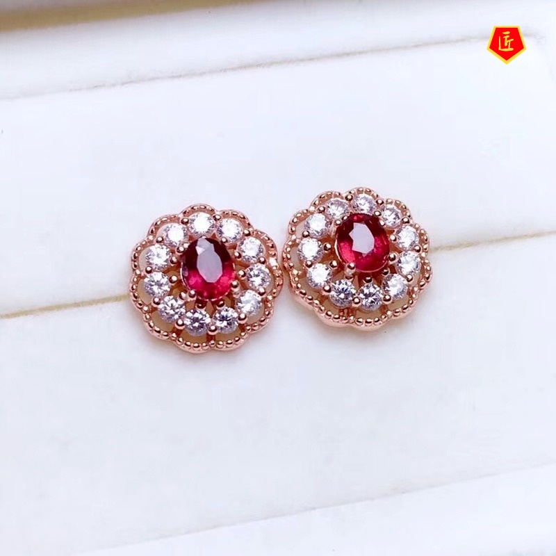 [Ready Stock]Fashion New Inlaid Garnet Full Diamond Flower Stud Earrings