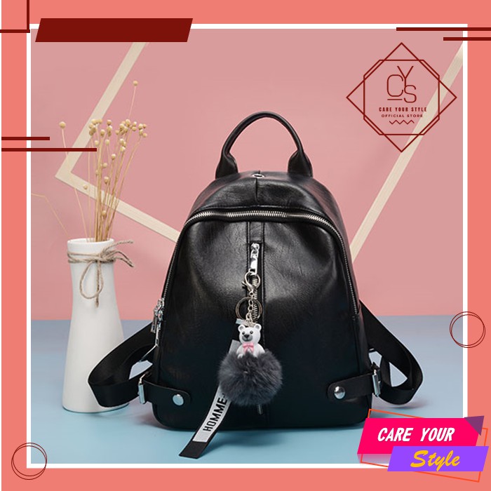 CYS Tas Ransel Mini Wanita Fashion Kulit PU Hitam Polos Kuliah Kerja Fashion Style Kasual T247