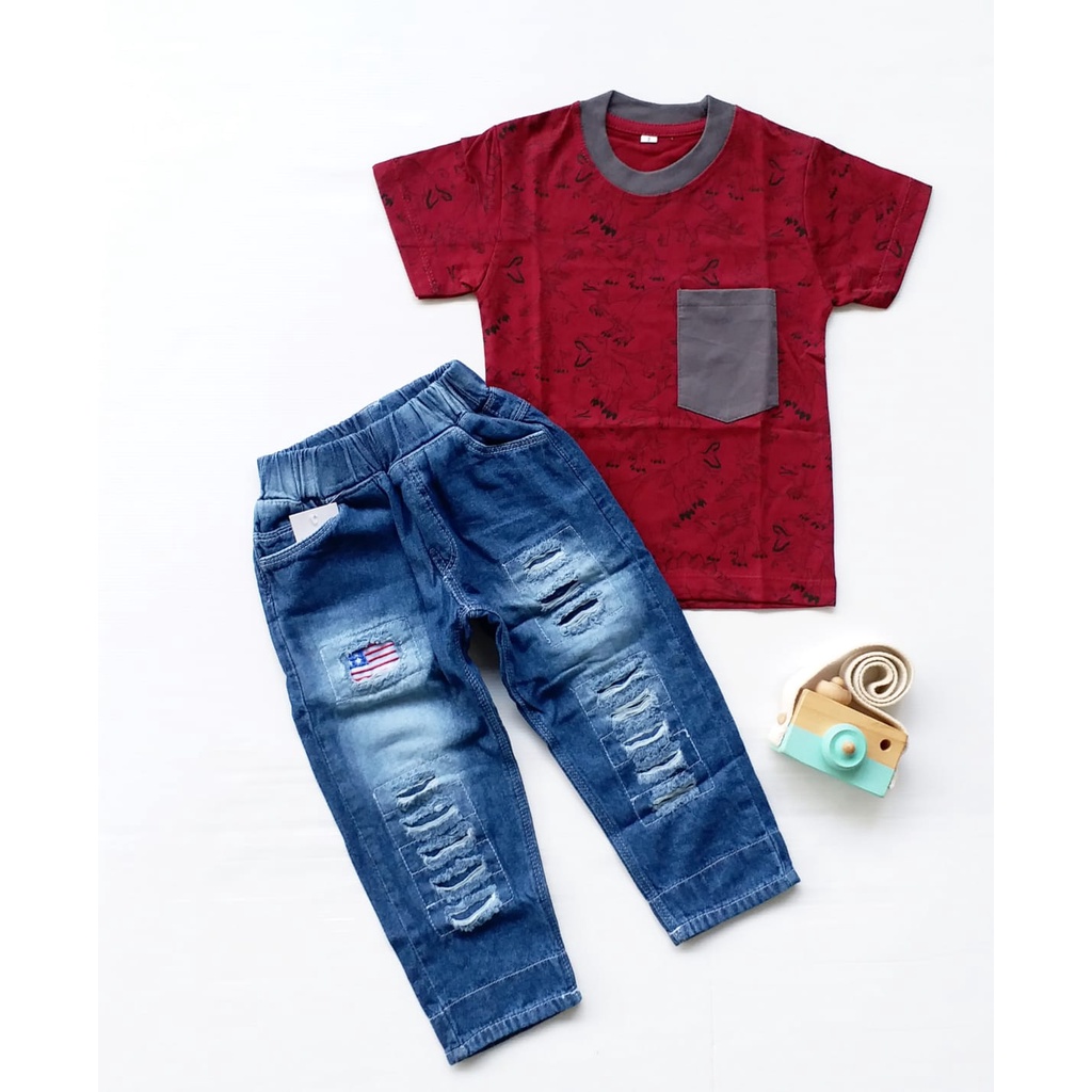 HappyOliver SET BRYAN FLAG EBV Setelan Kemeja Bayi Laki-laki Lengan Pendek celana jeans