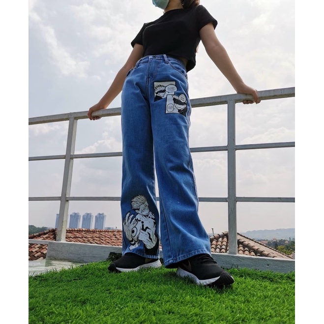 Celana jeans wanita highwaist kulot jujutsu kaisen (hand painted jeans)