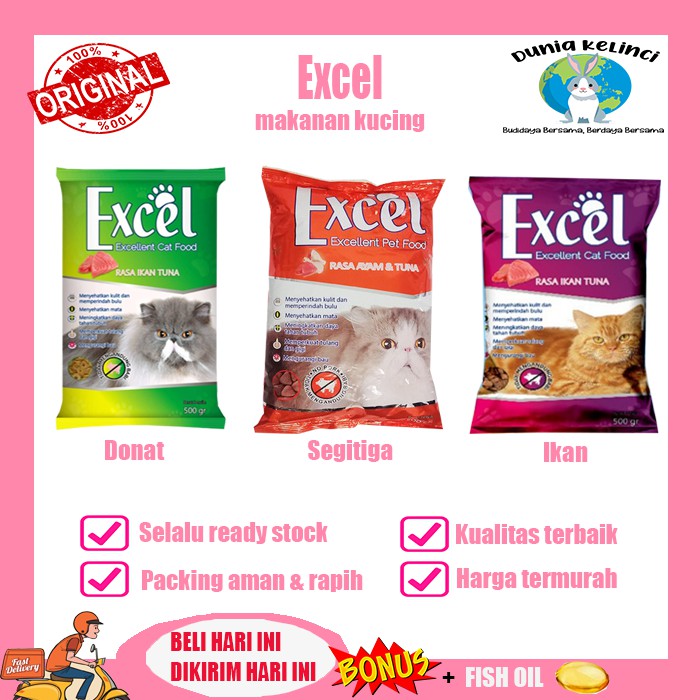 MAKANAN KUCING EXCEL 500 GR TUNA AYAM TUNA BENTUK SEGITIGA DONAT IKAN DRY CAT FOOD PAKAN PELET