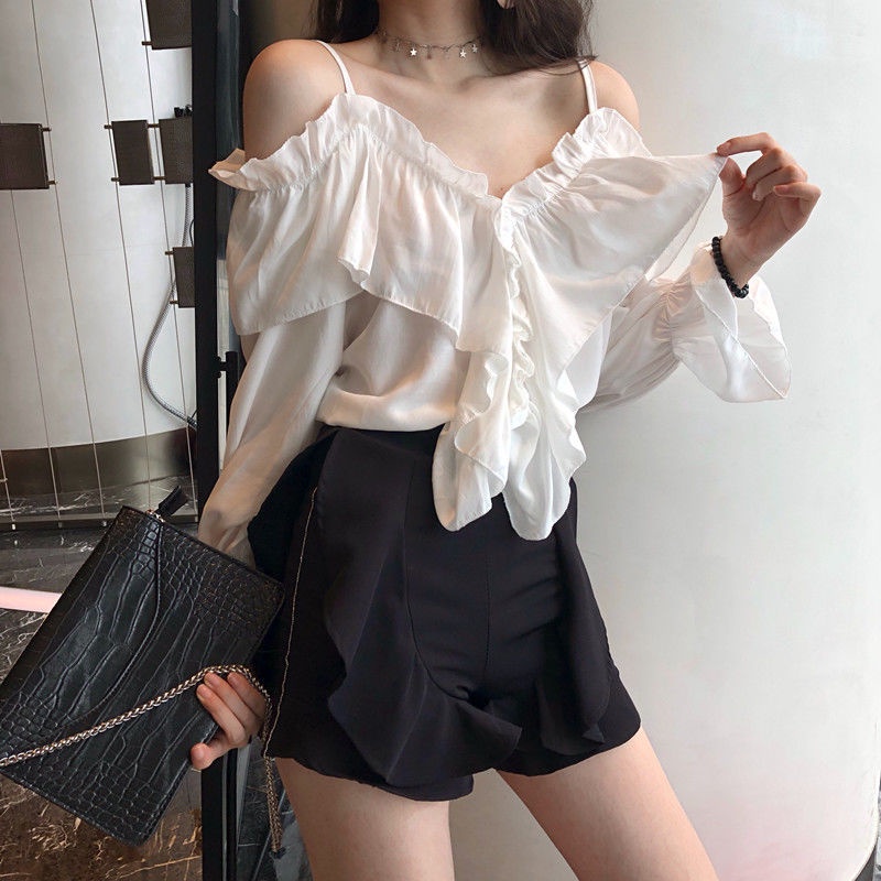 Shifon blus fairy chiffon V-neck sling blus kemeja lengan longgar mengacak-acak