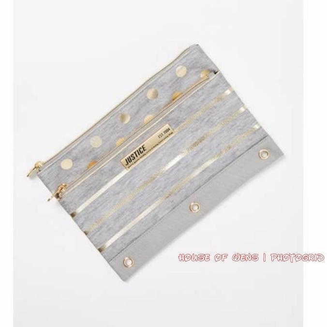 

JUSTICE GREY FOIL STRIPE AND DOT PENCIL CASE ORIGINAL - TEMPAT PENSIL