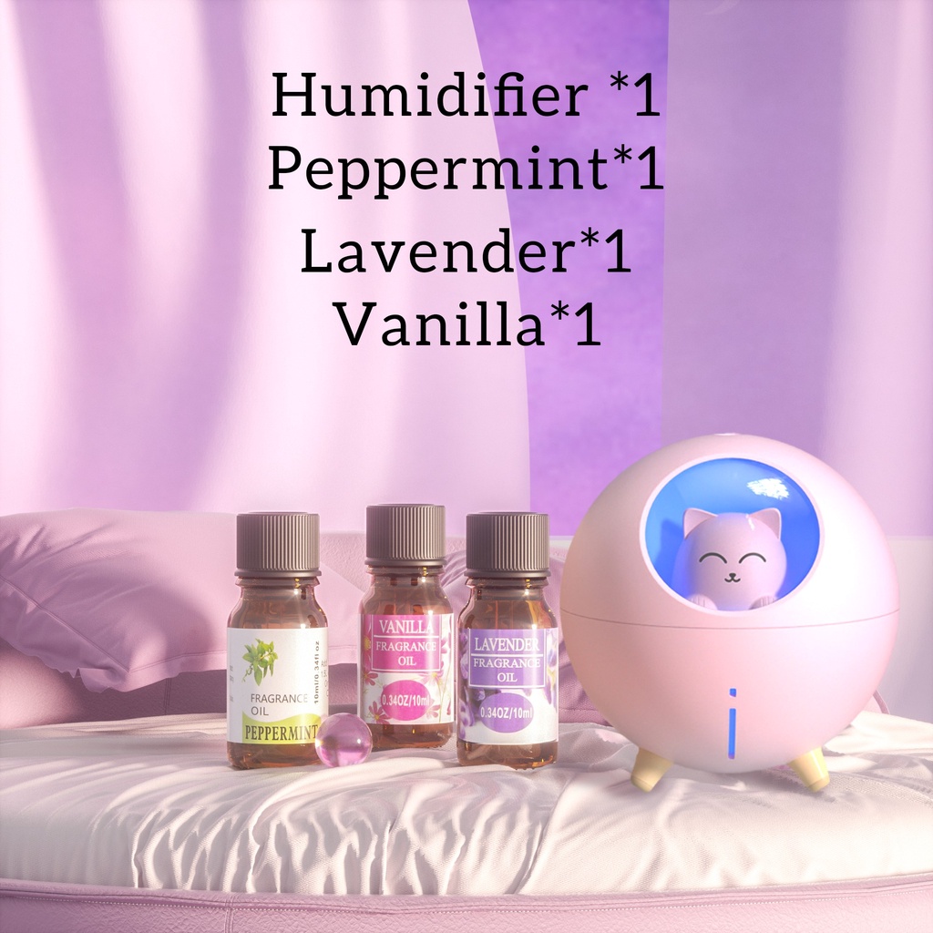 [endear]100% ORI anak kucing Humidifier 220ML Essential Oil Diffuser Aroma Terapi Pengharum Ruangan-Pink *1+OIL*3