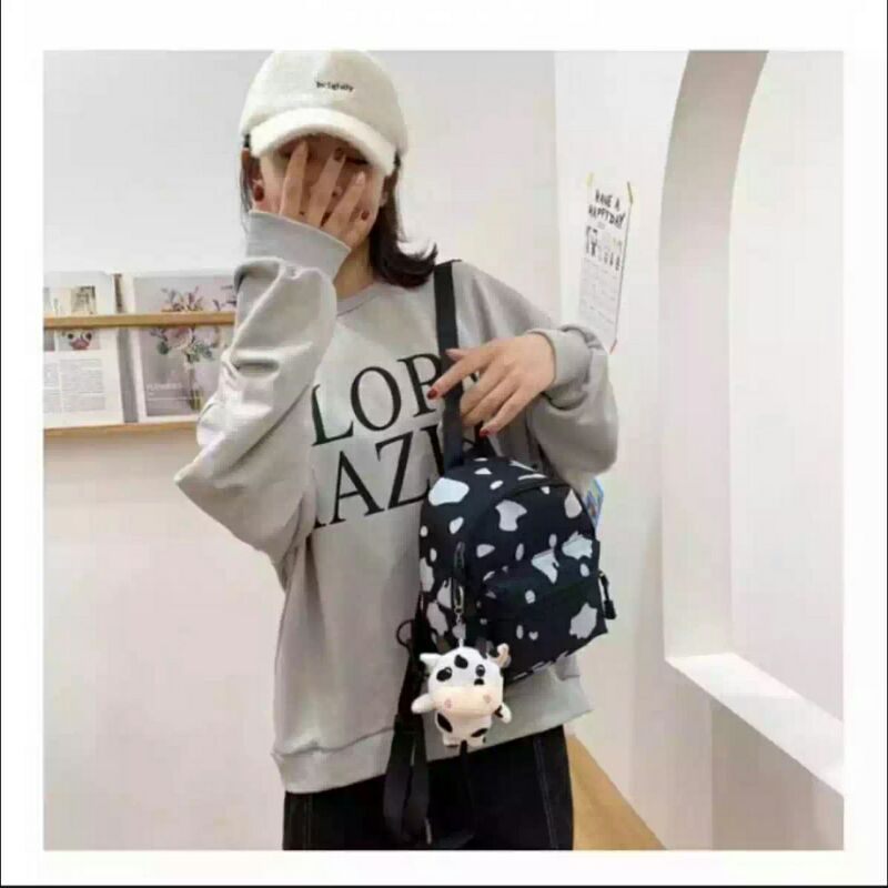 RULLY_Tas Ransel Perempuan Mini Terbaru Motip Sapi Lucu Backpack Mini Cow Milk tanpa boneka