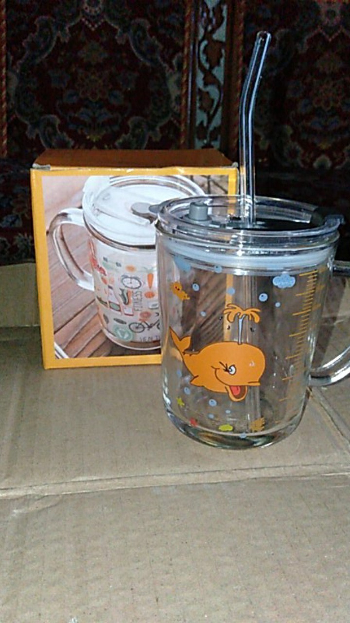 Mug Kaca + Sedotan+ Pegangan/glass Handle + Straw Gelas Kaca Motif Karakter/gelas Karakter 350ml