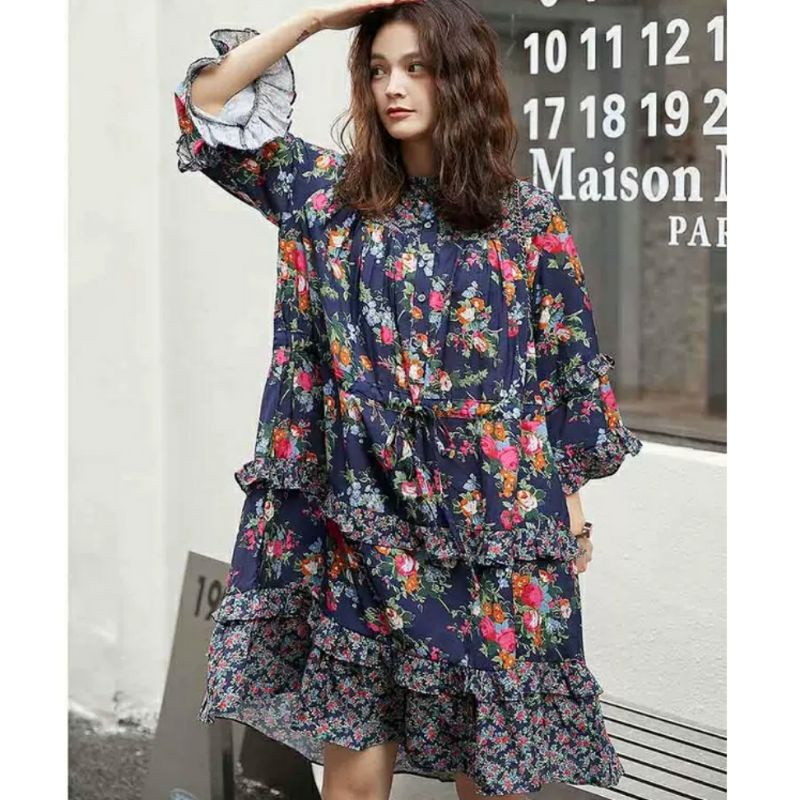 MDLV ~ 6950# Monteria Floral Mini Dress Babydoll Dress Big Size Fashion import