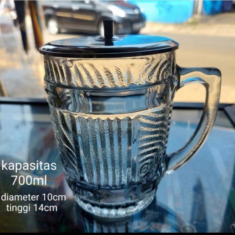 MUG KACA BESAR/GELAS GAGANG BESAR [DIJUAL 1 SET SAMA TUTUP] GELAS MINUM