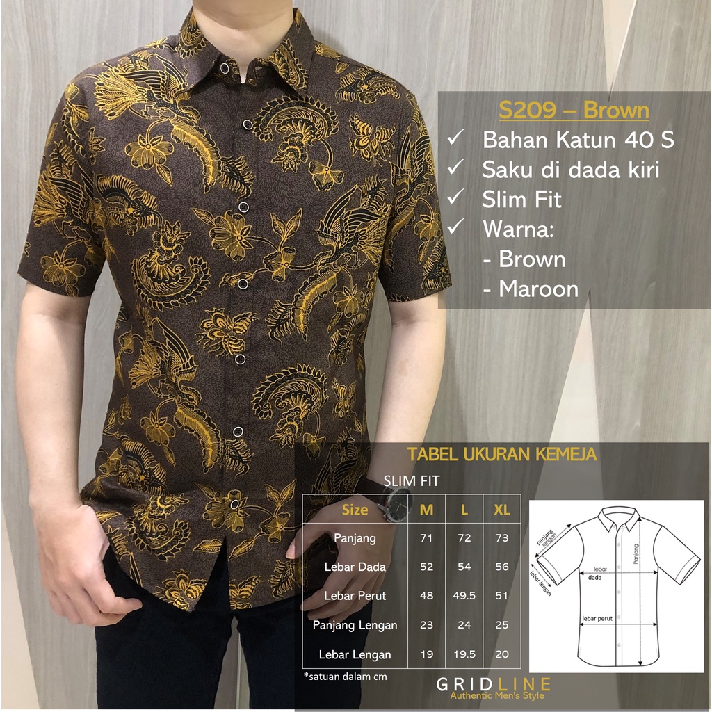 [GRIDLINE - S209 Maroon &amp; Brown] Kemeja Batik Pria Katun Lengan Pendek Slimfit Modern Casual Simpel Elegan