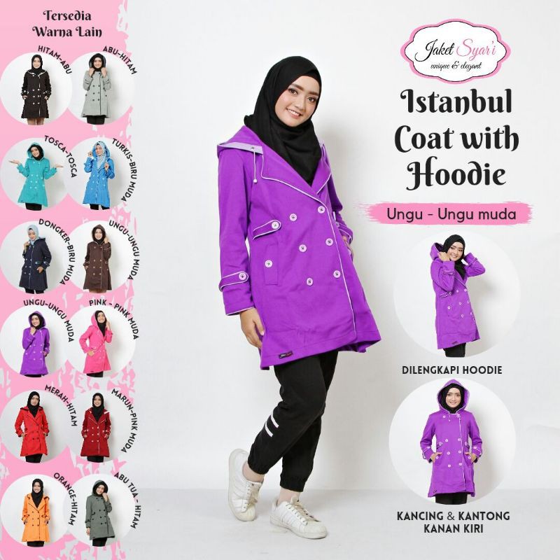 Jaket Korea Wanita - Istanbul Coat With Hoodie Warna Ungu & Ungu Muda