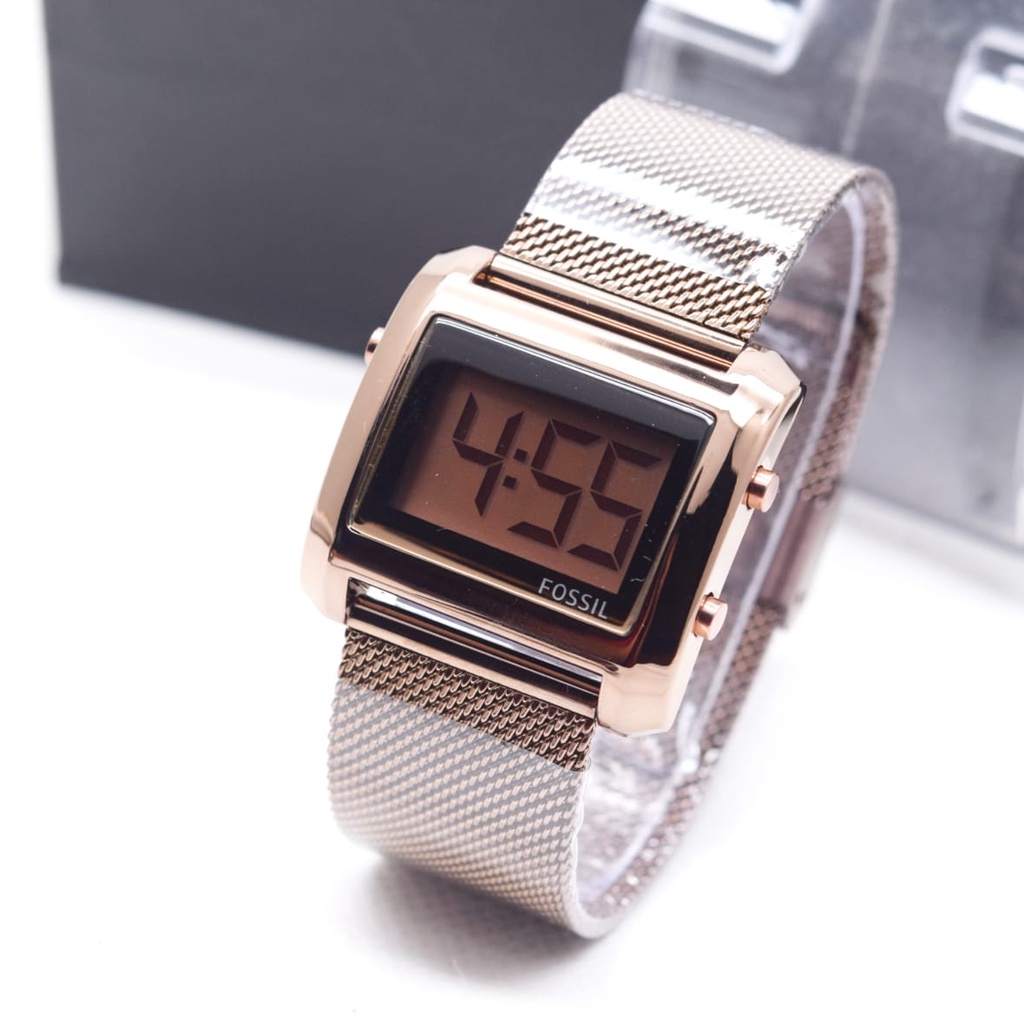 JAM TANGAN WANITA CEWEK DIGITAL F0SSIL STRAP STAINLESS KOTAK