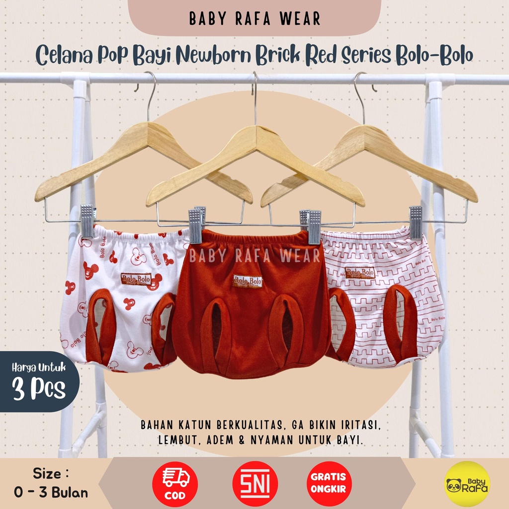 Serian Merah Bata - 3 pcs Celana Pop Bayi Baru Lahir 0 - 3 Bulan Brick Red Series merk SNI Bolo - Bolo