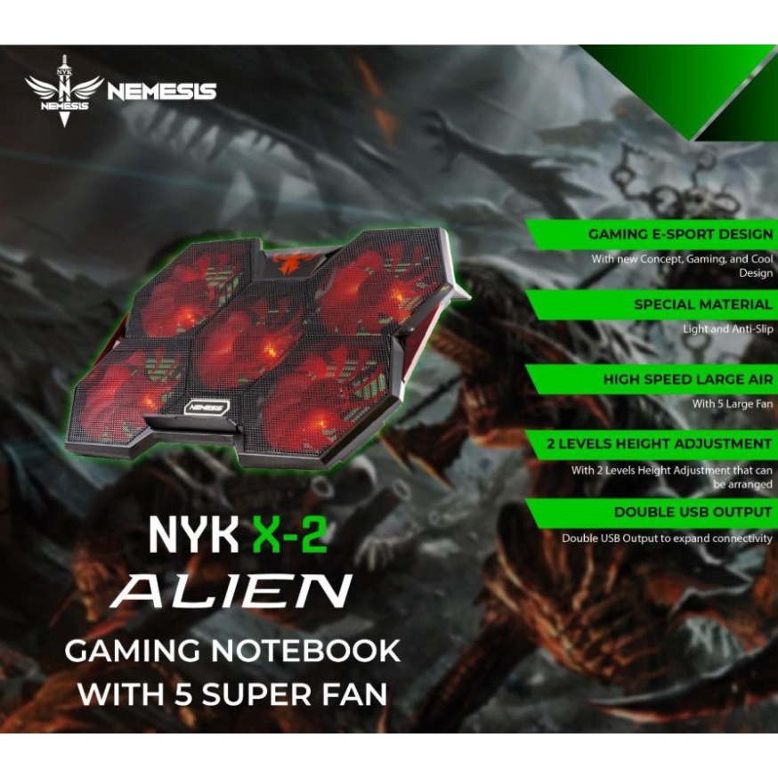 Cooling Pad NYK Nemesis X2 X-2 Alien With 5 Fan - Gaming Cooler Pad