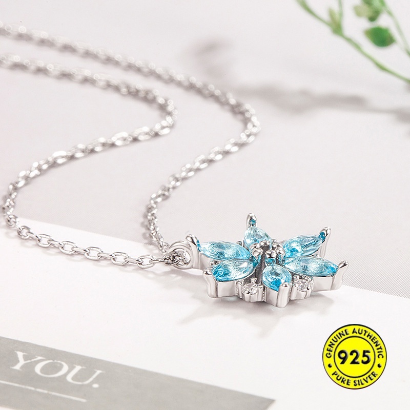 Kalung Rantai Sterling Silver 925 Liontin Snowflake Hias Berlian Biru Untuk Wanita / Musim Panas