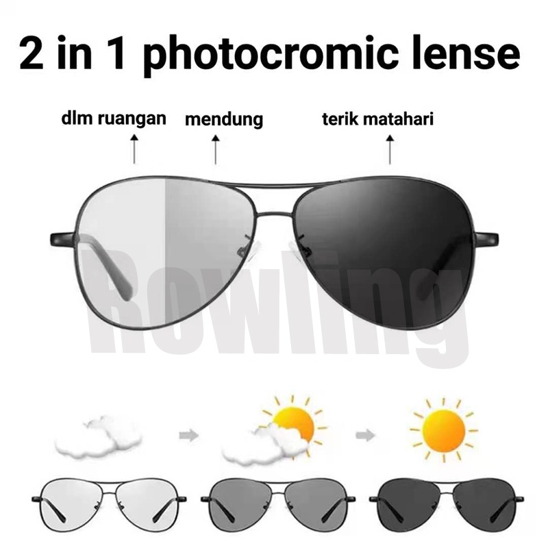 Rowling(pc-177)2 In 1 Kacamata lensa Hitam  Photocromic dan Kacamata Hitam Night Vision Mirror Polaris Import Terbaru Untuk mengemudi Khusus Siang dan Malam