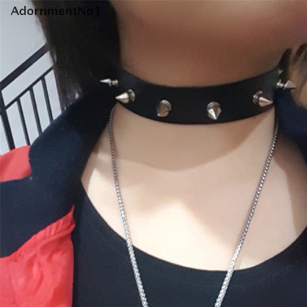 (AdornmentNo1) Kalung Choker Bahan Kulit Aksen Rivet + Hati Gaya Punk / Gothic Untuk Wanita