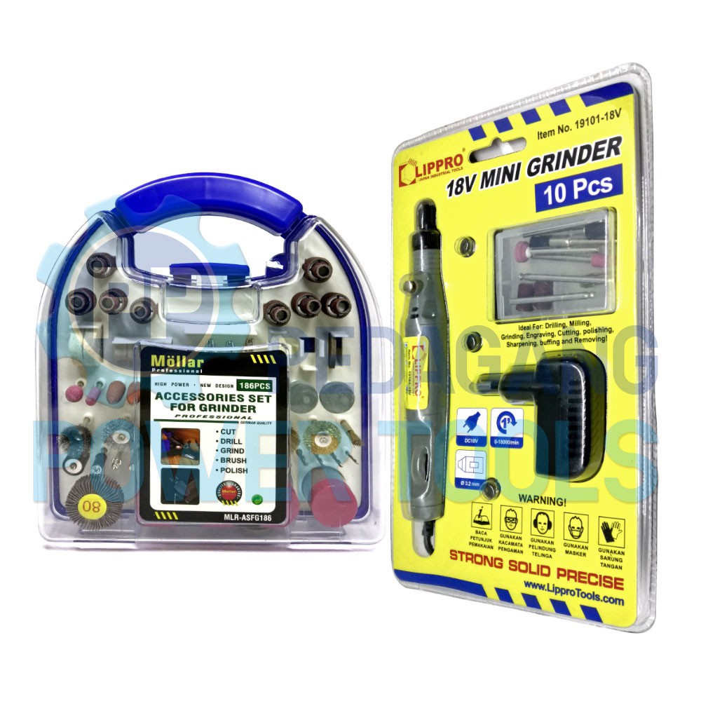LIPPRO MINI GRINDER SET 10 PCS BATERAI 18V & 186 PCS AKSESORIS TUNER