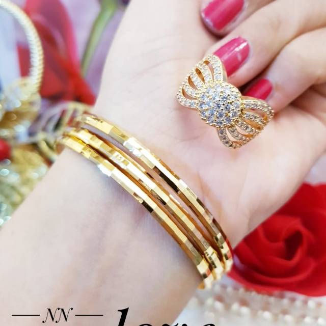 (JUN) Set Perhiasan Lapis Emas Xuping Gelang Keroncong Kaca Cincin Permata Ribbon Gold Titanium Asli