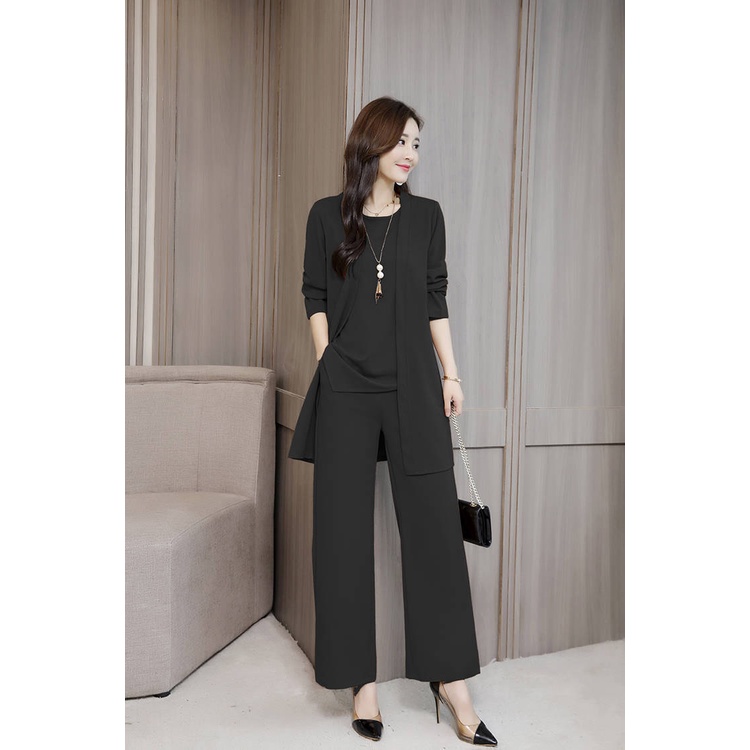 One Set 3Pcs Setelan Wanita Longgar Kasual Katun Jaket Mantel Lengan Panjang + Rompi + Celana Wide Leg Stelan